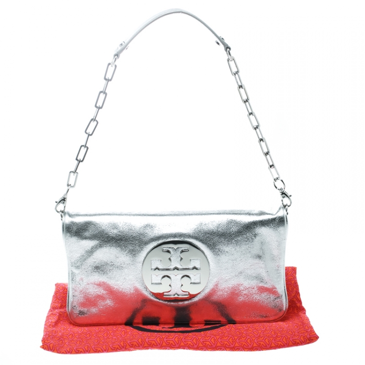 Pre Owned Tory Burch Silver Leather Reva Shoulder Bag