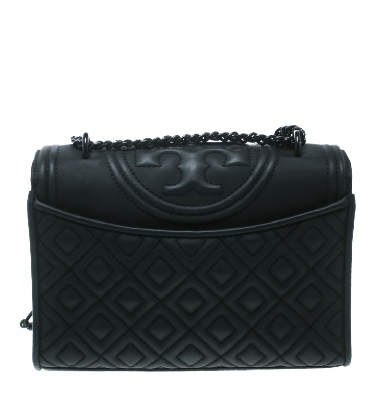 Pre Owned Tory Burch Black Faux Leather Fleming Crossbody Bag