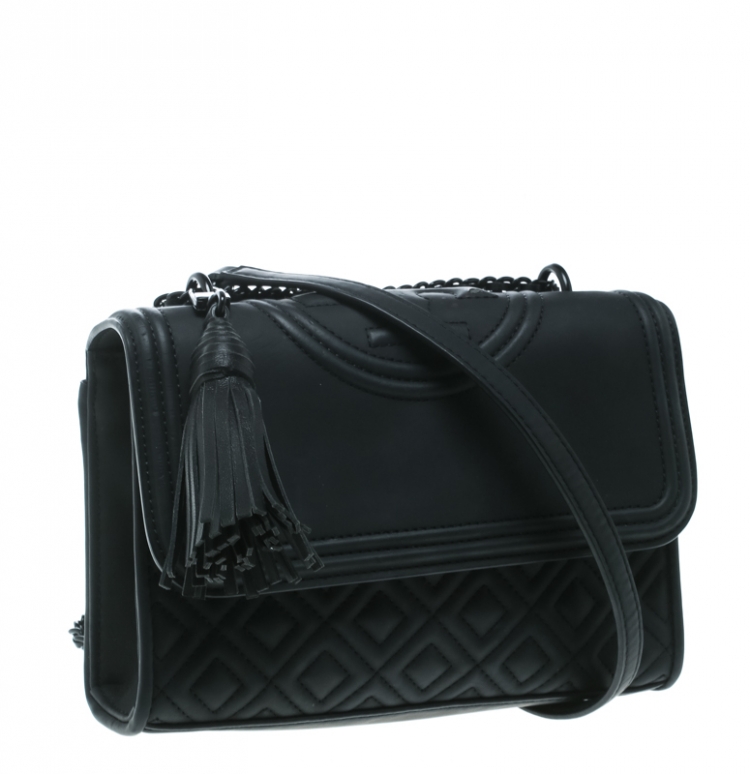 Pre Owned Tory Burch Black Faux Leather Fleming Crossbody Bag