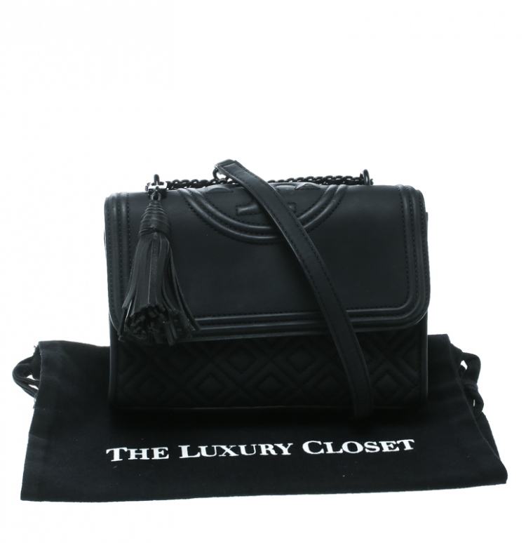 Pre Owned Tory Burch Black Faux Leather Fleming Crossbody Bag