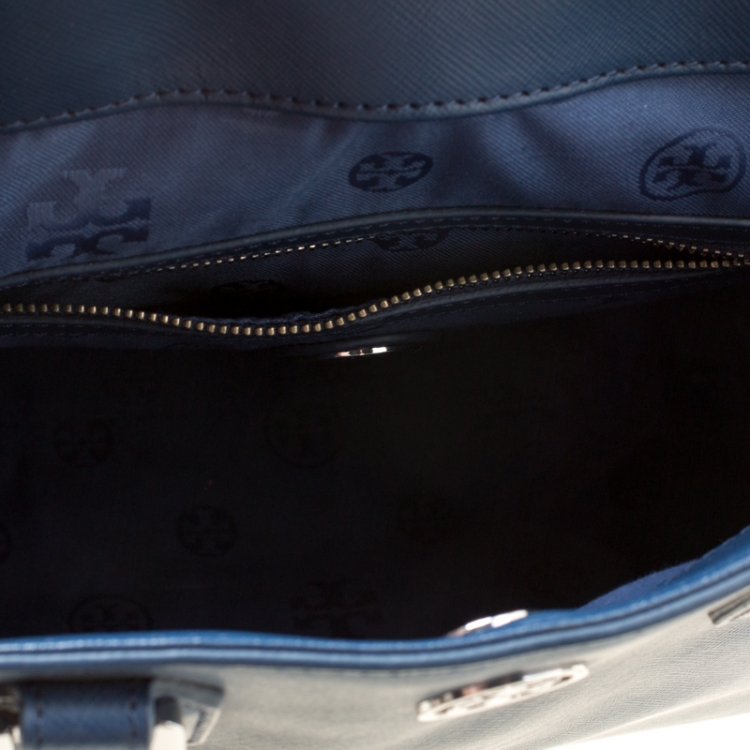 Pre Owned Tory Burch Navy Blue Leather Robinson Tote