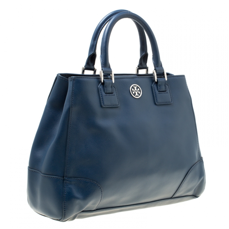 Pre Owned Tory Burch Navy Blue Leather Robinson Tote