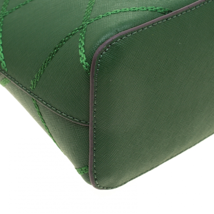 Pre Owned Tory Burch Green Leather Mini Stitched Robinson Satchel