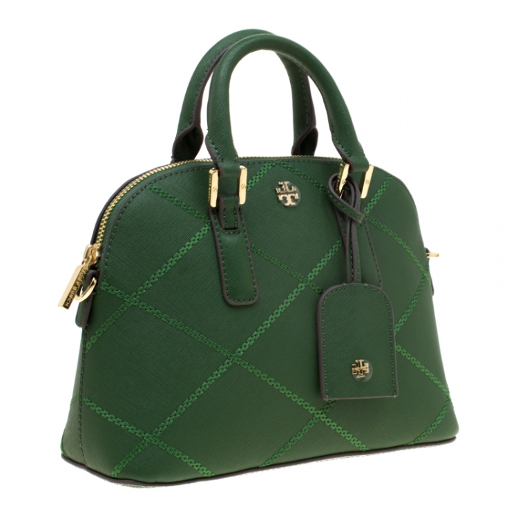 Pre Owned Tory Burch Green Leather Mini Stitched Robinson Satchel