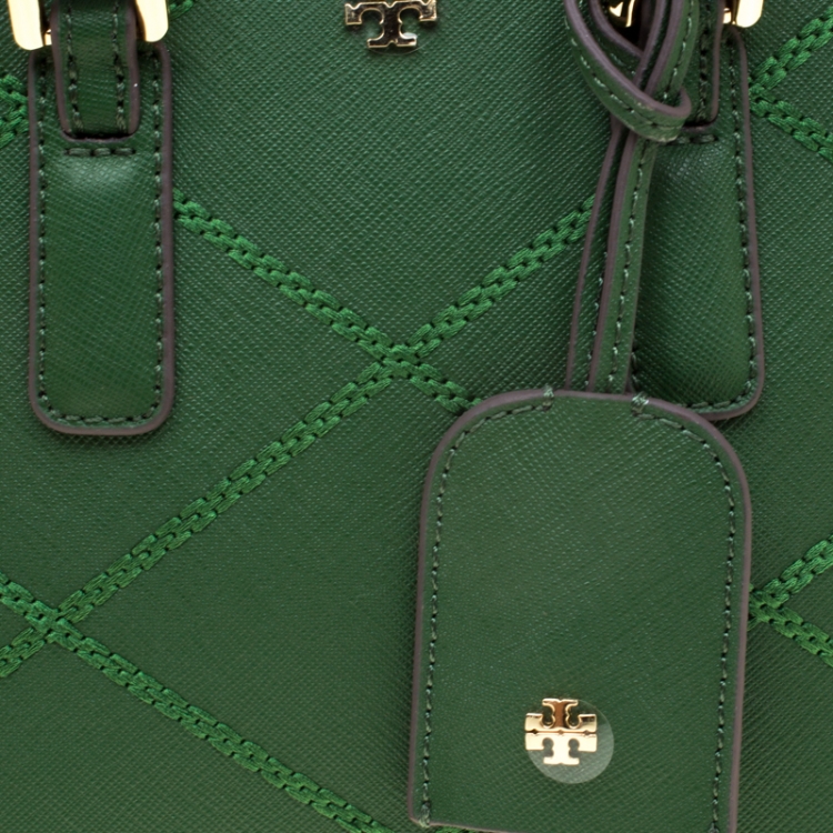 Pre Owned Tory Burch Green Leather Mini Stitched Robinson Satchel