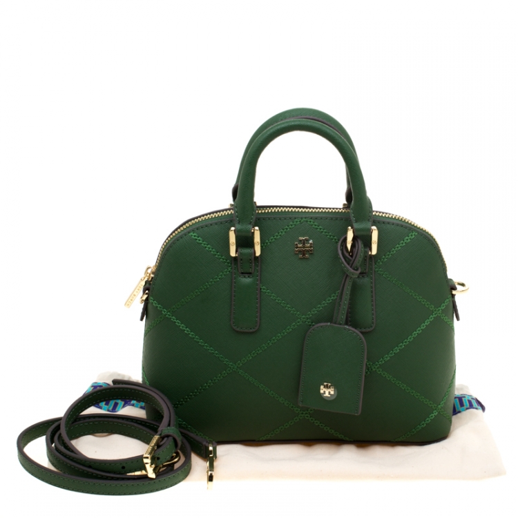 Pre Owned Tory Burch Green Leather Mini Stitched Robinson Satchel