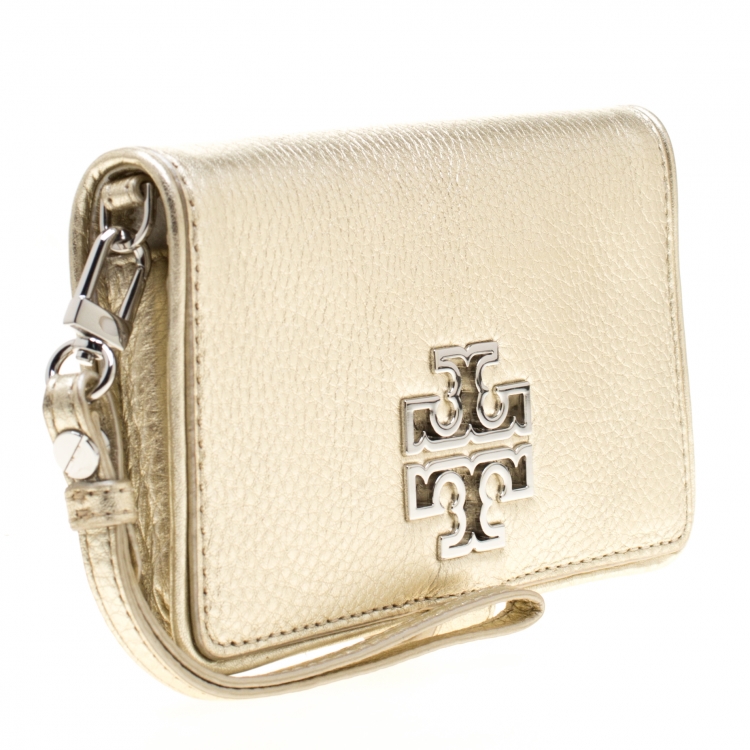 Pre Owned Tory Burch Metallic Gold Leather Britten Wallet