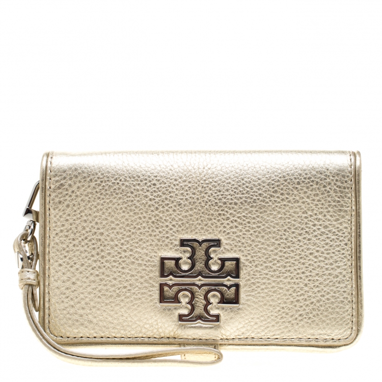 Pre Owned Tory Burch Metallic Gold Leather Britten Wallet
