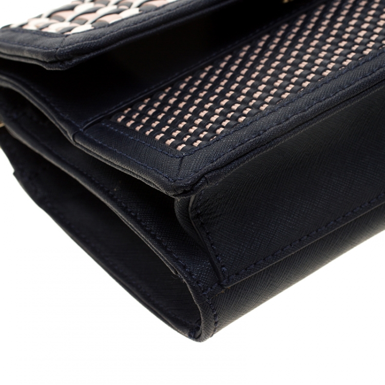 Pre Owned Tory Burch Tri Color Woven Leather Robinson Crossbody Bag