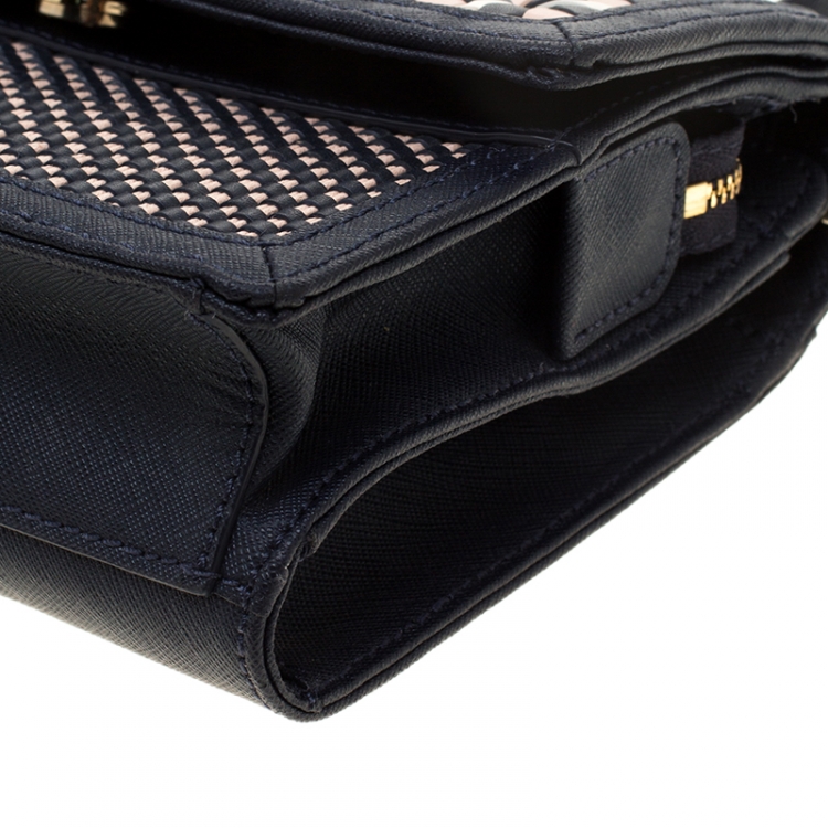 Pre Owned Tory Burch Tri Color Woven Leather Robinson Crossbody Bag