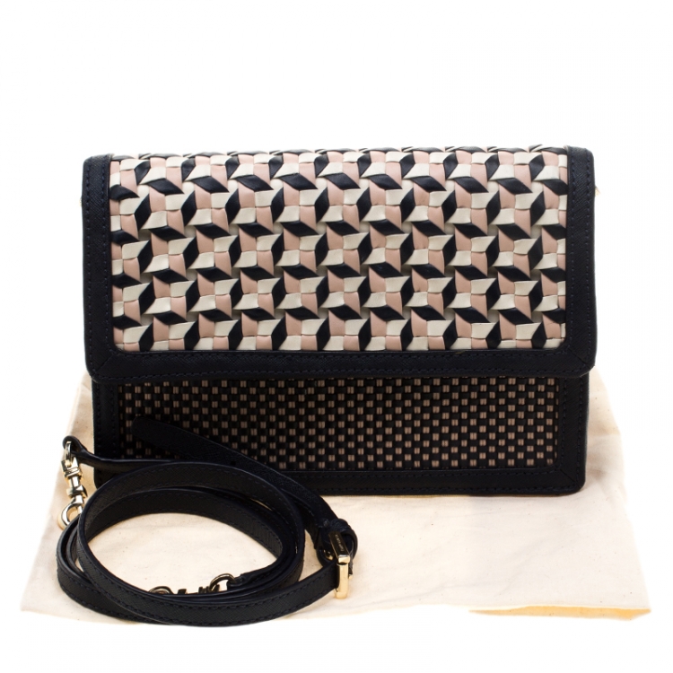 Pre Owned Tory Burch Tri Color Woven Leather Robinson Crossbody Bag