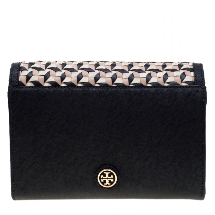 Pre Owned Tory Burch Tri Color Woven Leather Robinson Crossbody Bag