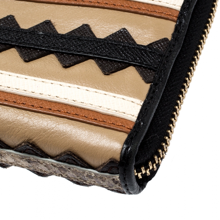 Pre Owned Tory Burch Multicolor Leather Robinson Zig Zag Zip Around Wallet