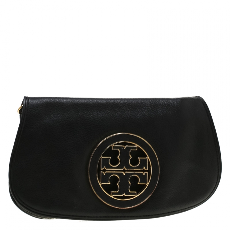 Pre Owned Tory Burch Black Leather Raphael Logo Crossbody Bag