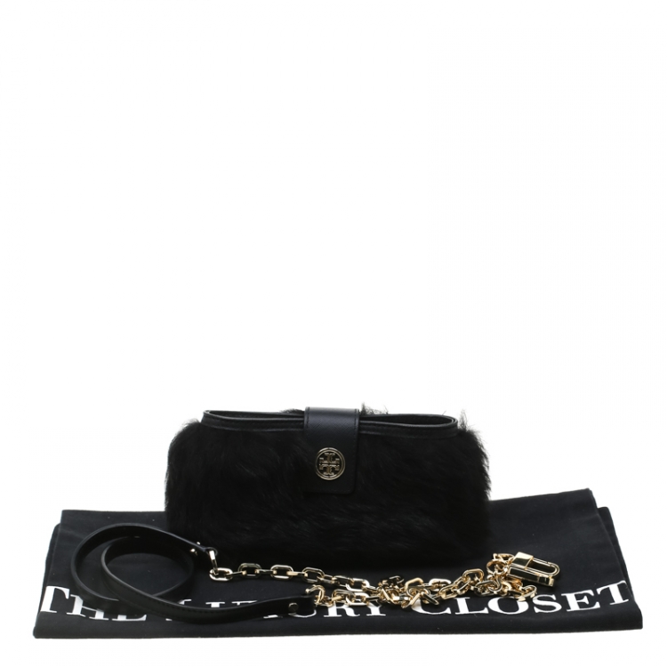 Pre Owned Tory Burch Black Fur Smartphone Crossbody Bag