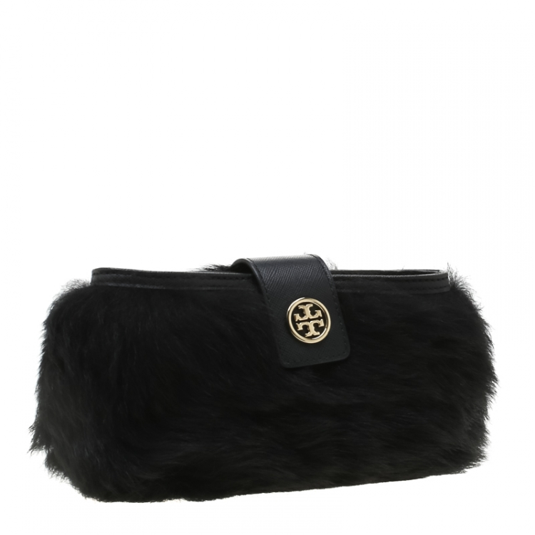 Pre Owned Tory Burch Black Fur Smartphone Crossbody Bag