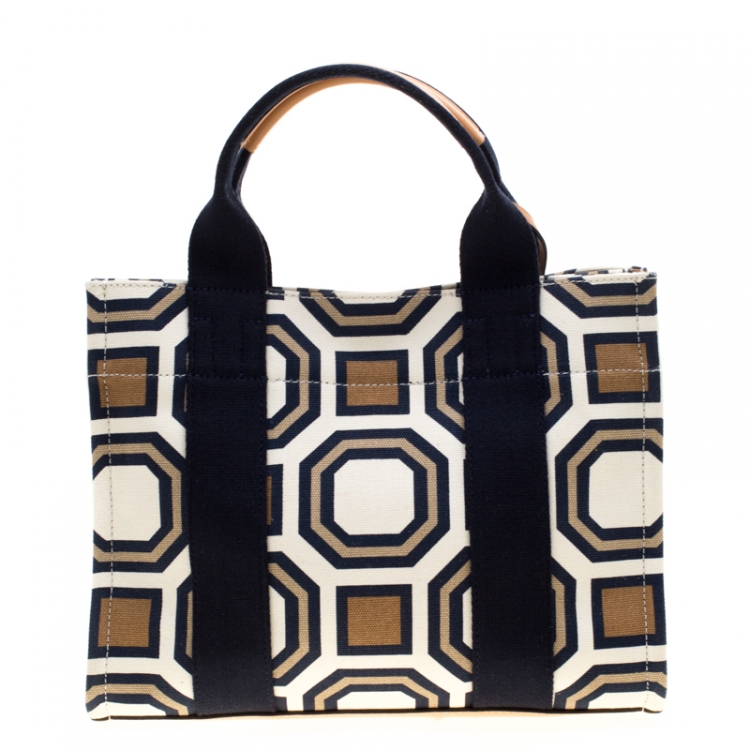 Pre Owned Tory Burch Multicolor Geometric Pattern Canvas and Leather Tote 