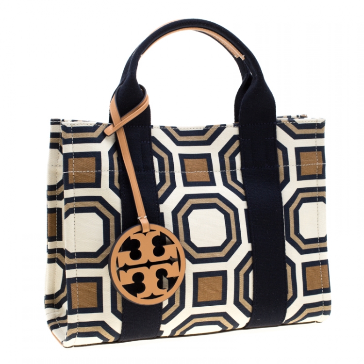 Pre Owned Tory Burch Multicolor Geometric Pattern Canvas and Leather Tote 