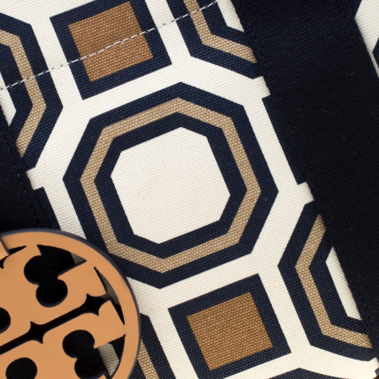 Pre Owned Tory Burch Multicolor Geometric Pattern Canvas and Leather Tote 