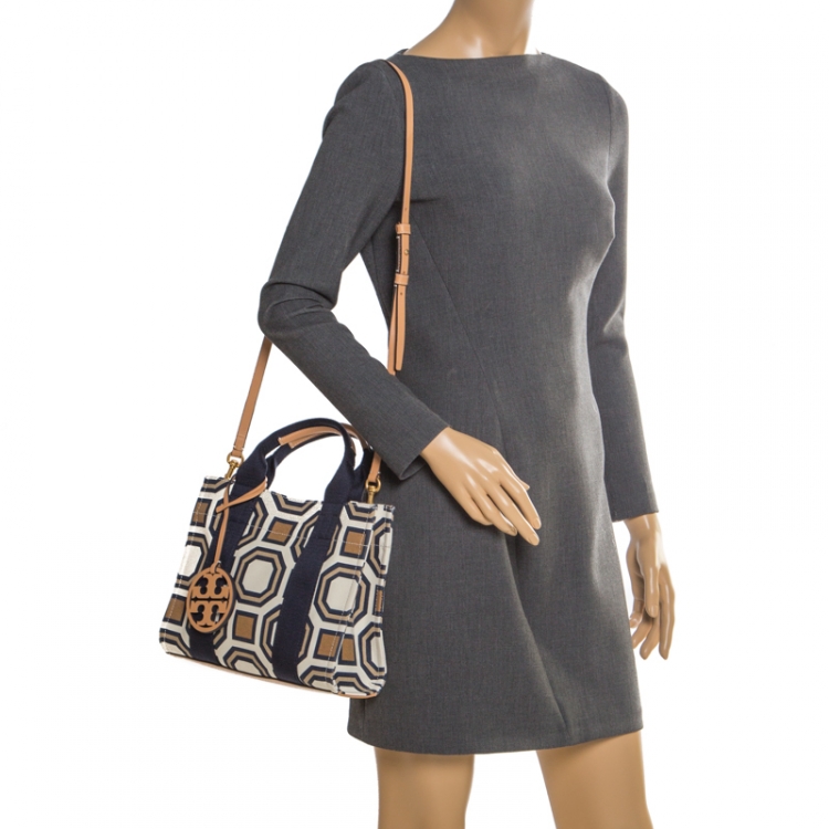 Pre Owned Tory Burch Multicolor Geometric Pattern Canvas and Leather Tote 