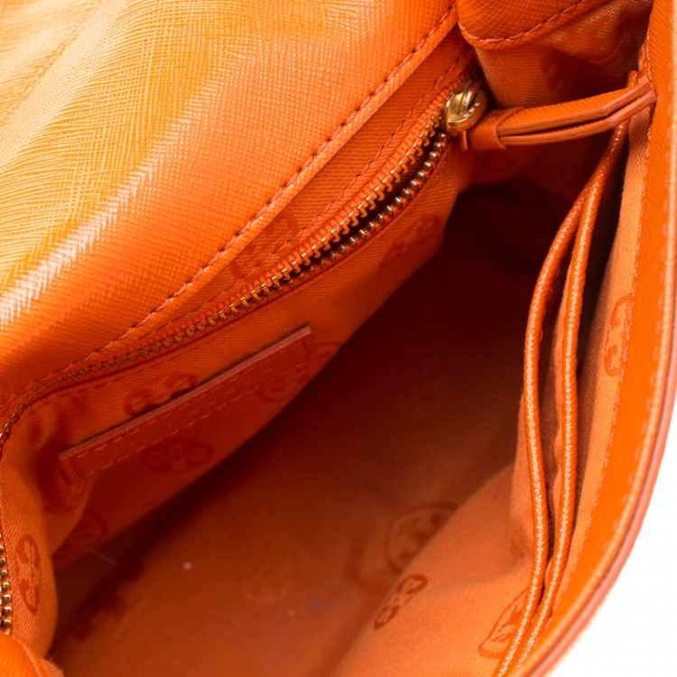 Pre Owned Tory Burch Orange Saffiano Patent Leather Fleming Convertible Shoulder Bag