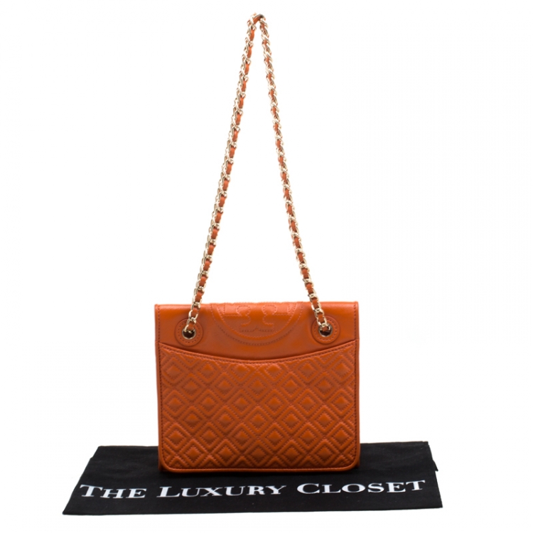 Pre Owned Tory Burch Orange Saffiano Patent Leather Fleming Convertible Shoulder Bag