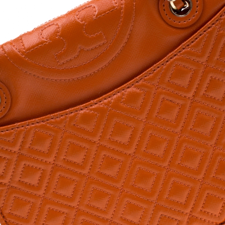 Pre Owned Tory Burch Orange Saffiano Patent Leather Fleming Convertible Shoulder Bag