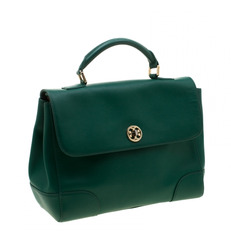 Pre Owned Tory Burch Green Leather Robinson Top Handle Bag