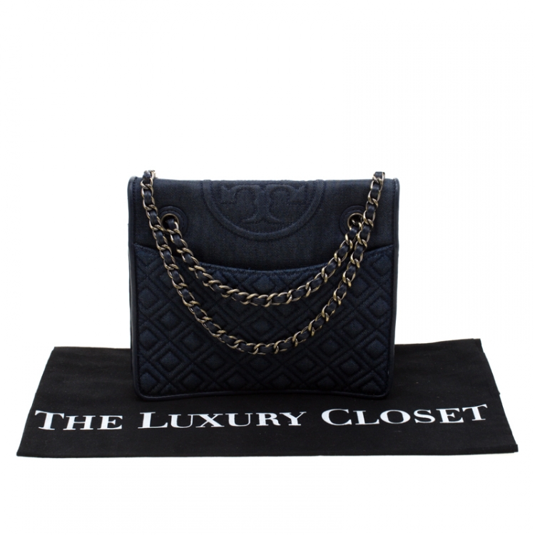 Pre Owned Tory Burch Blue Denim Fleming Quilted Crossbody Bag 