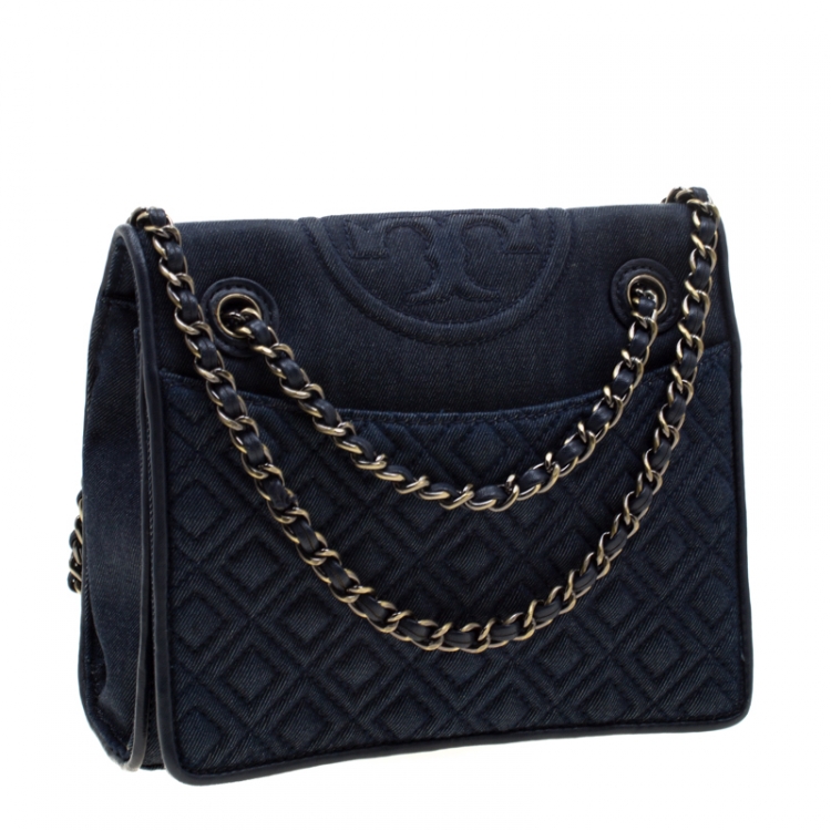 Pre Owned Tory Burch Blue Denim Fleming Quilted Crossbody Bag 