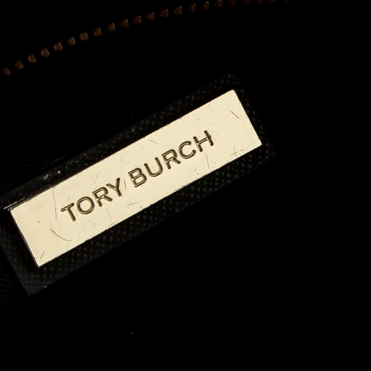 Pre Owned Tory Burch Black Floral Laser Cut Leather Double Zip Robinson Tote 