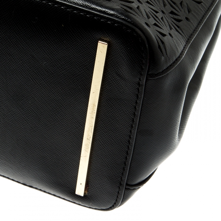 Pre Owned Tory Burch Black Floral Laser Cut Leather Double Zip Robinson Tote 