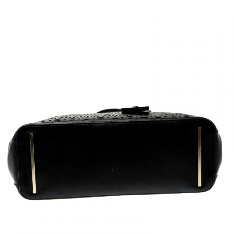 Pre Owned Tory Burch Black Floral Laser Cut Leather Double Zip Robinson Tote 