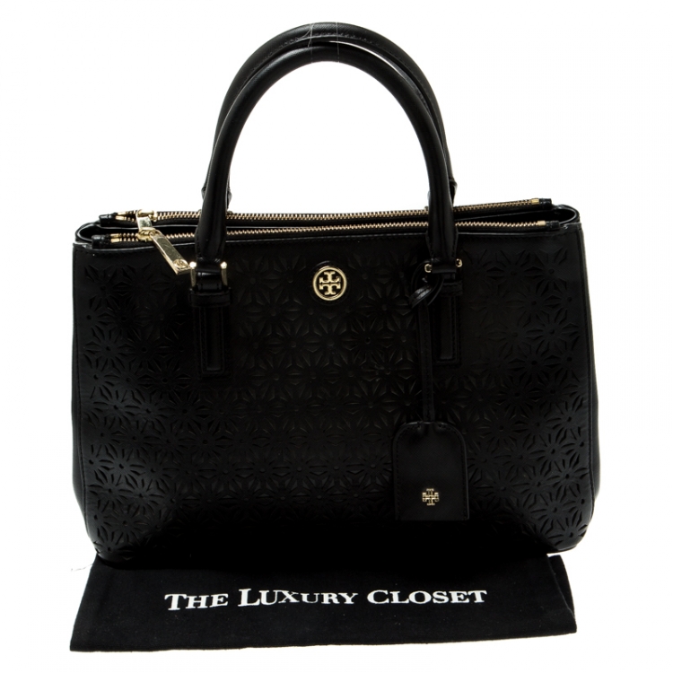Pre Owned Tory Burch Black Floral Laser Cut Leather Double Zip Robinson Tote 
