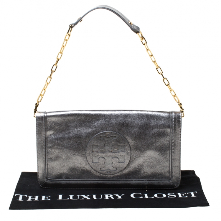 Pre Owned Tory Burch Metallic Silver Leather Reva Shoulder Bag