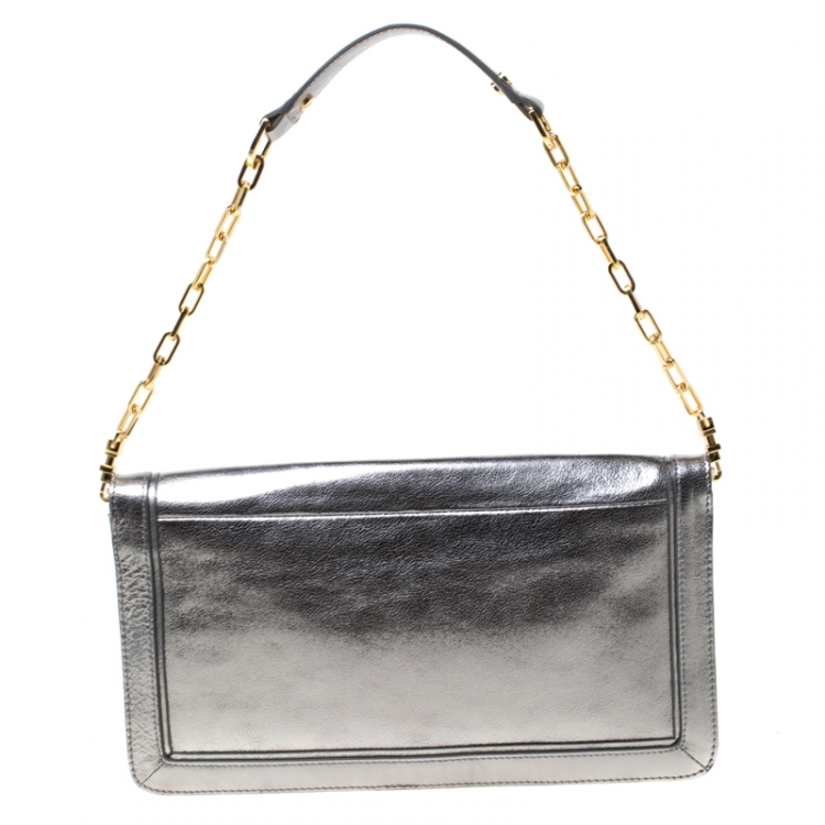 Pre Owned Tory Burch Metallic Silver Leather Reva Shoulder Bag