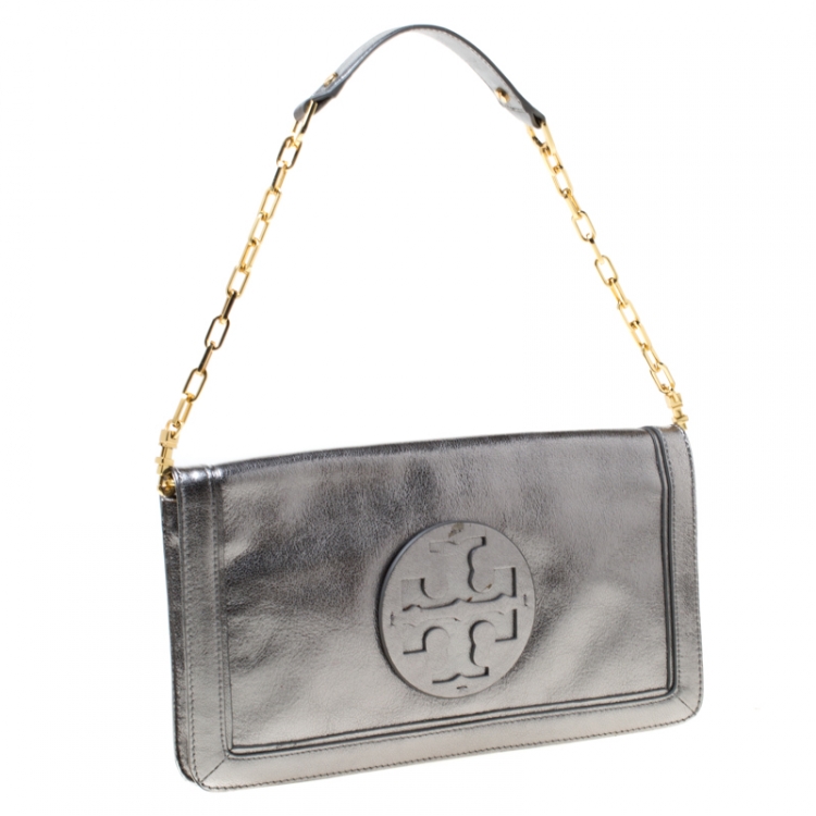 Pre Owned Tory Burch Metallic Silver Leather Reva Shoulder Bag