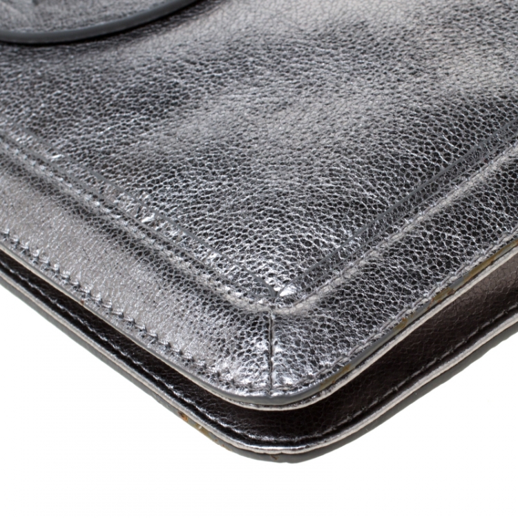 Pre Owned Tory Burch Metallic Silver Leather Reva Shoulder Bag