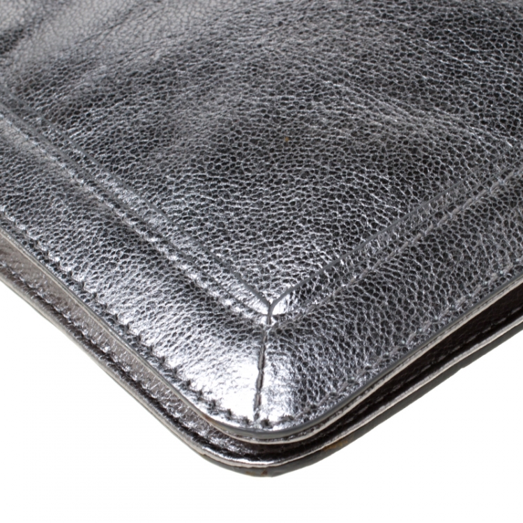 Pre Owned Tory Burch Metallic Silver Leather Reva Shoulder Bag