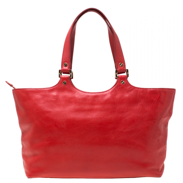 Pre Owned Tory Burch Red Leather Bombe Tote