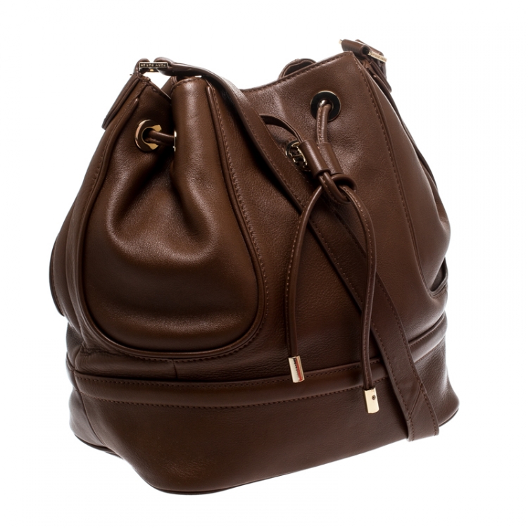 Pre Owned Tory Burch Brown Leather Drawstring Bucket Bag