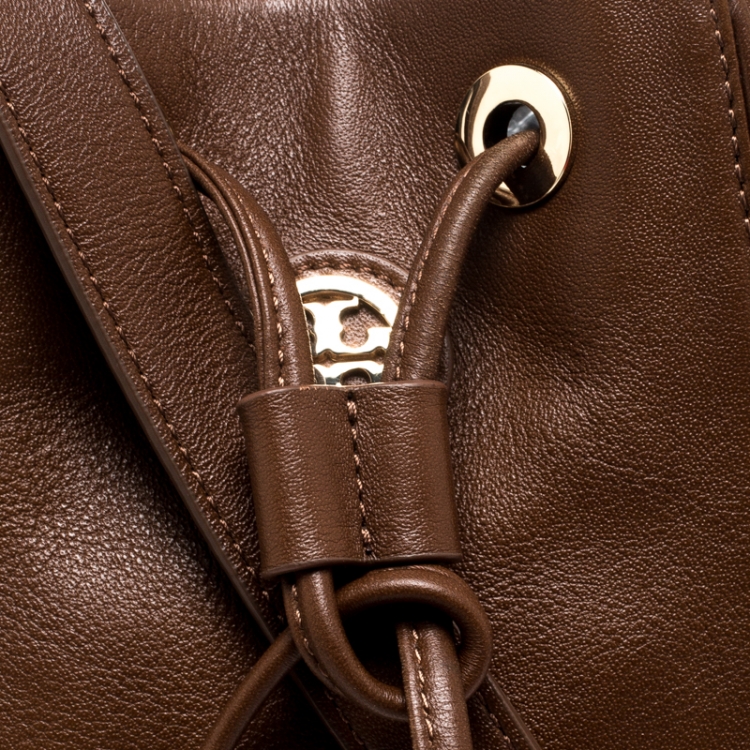 Pre Owned Tory Burch Brown Leather Drawstring Bucket Bag