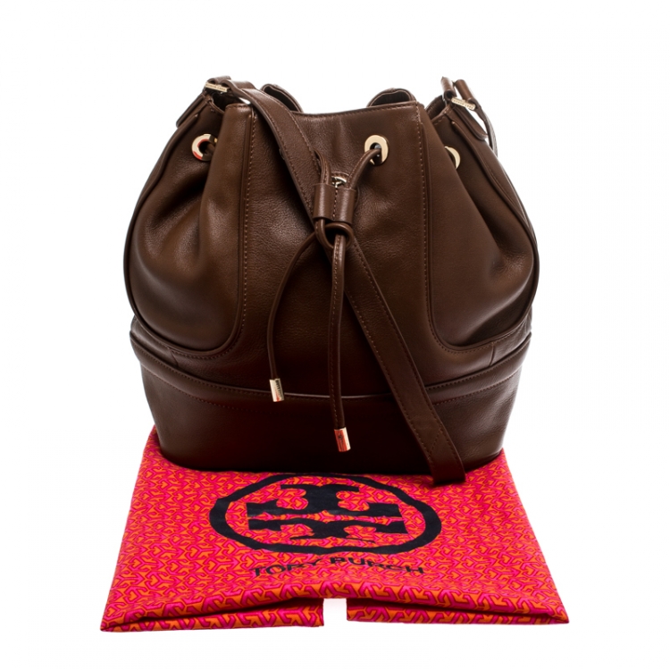 Pre Owned Tory Burch Brown Leather Drawstring Bucket Bag
