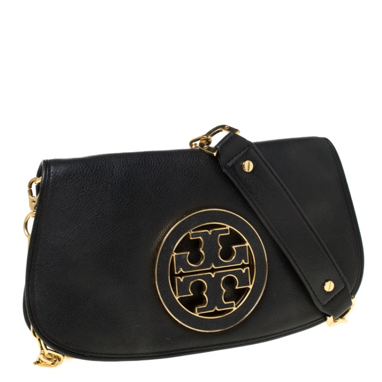 Pre Owned Tory Burch Black Leather Raphael Logo Crossbody Bag