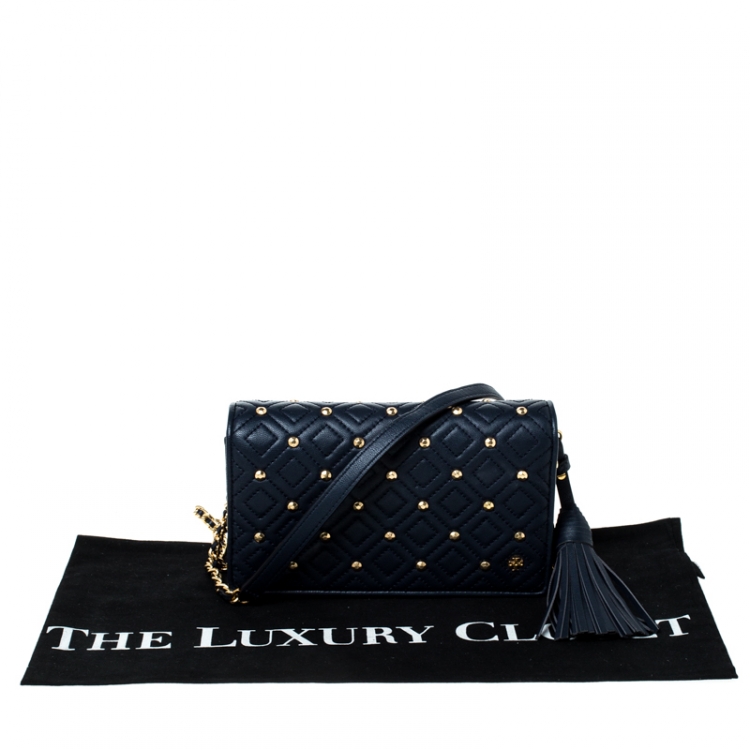 Pre Owned Tory Burch Navy Blue Quilted Leather Fleming Stud Crossbody Bag