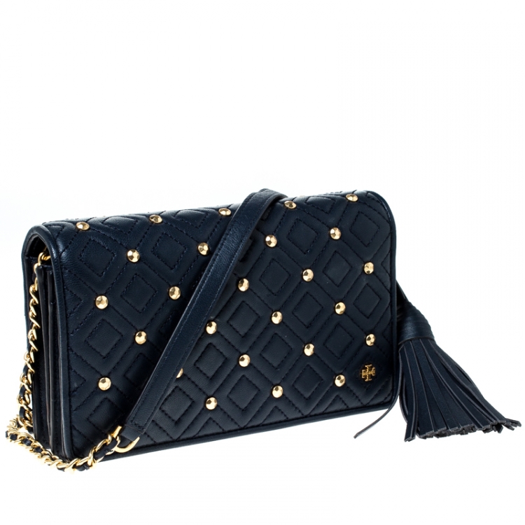 Pre Owned Tory Burch Navy Blue Quilted Leather Fleming Stud Crossbody Bag