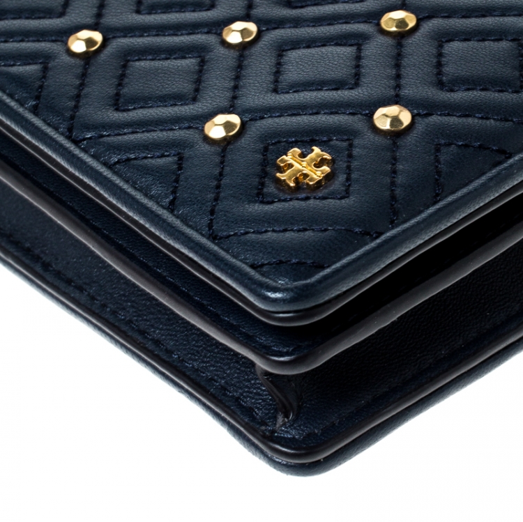 Pre Owned Tory Burch Navy Blue Quilted Leather Fleming Stud Crossbody Bag