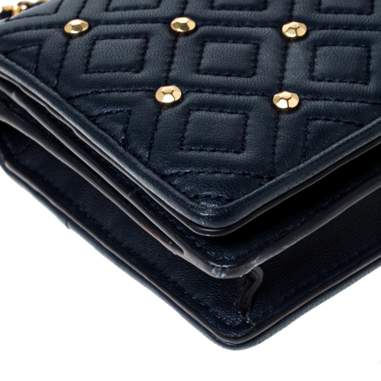 Pre Owned Tory Burch Navy Blue Quilted Leather Fleming Stud Crossbody Bag