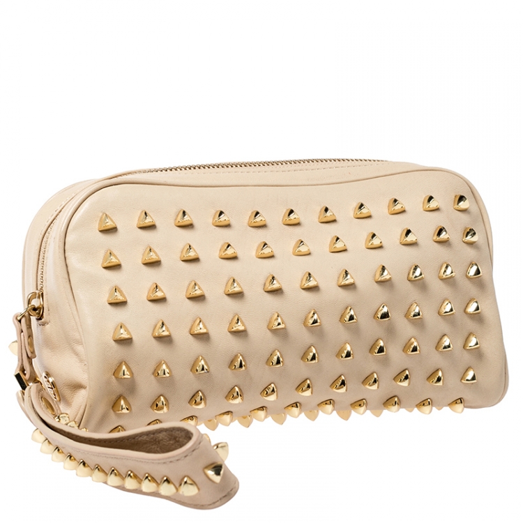 Pre Owned Tory Burch Beige Leather Studded Wristlet Clutch