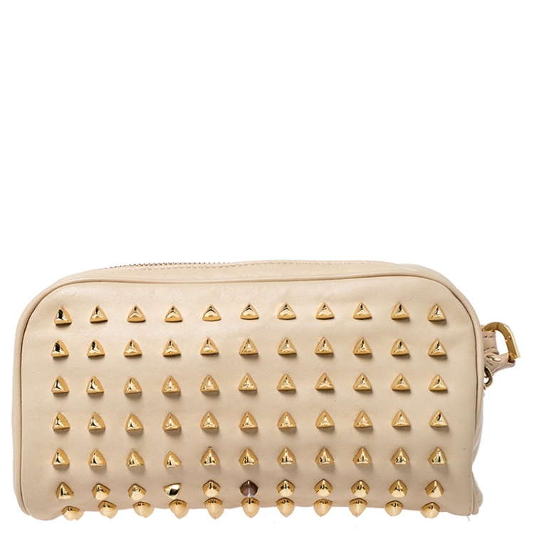 Pre Owned Tory Burch Beige Leather Studded Wristlet Clutch